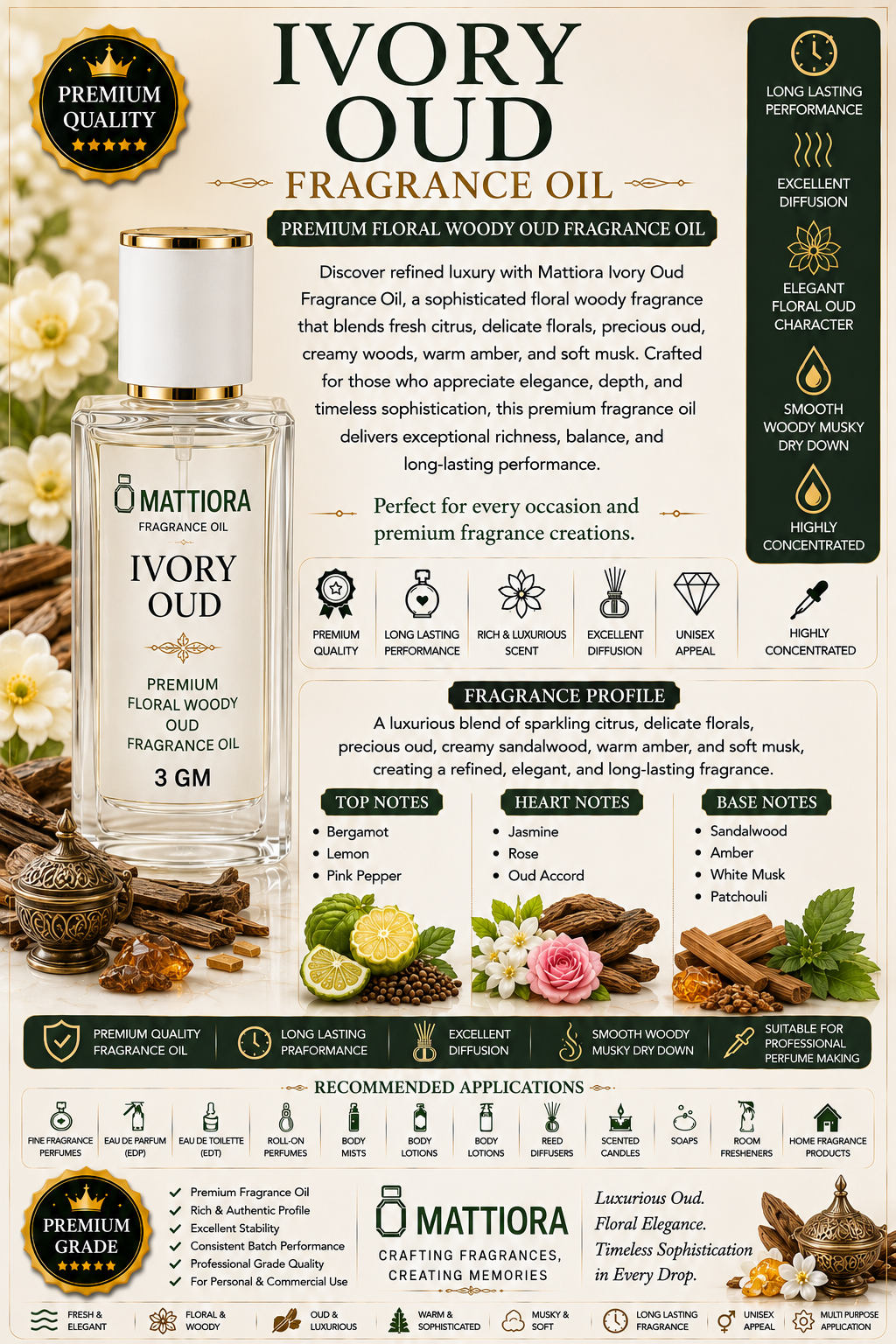 Ivory Oud Fragrance Oil Inspired by White Oud Fragrance Oil Premium Soft Oud White Musk Fragrance Oil | Mattiora