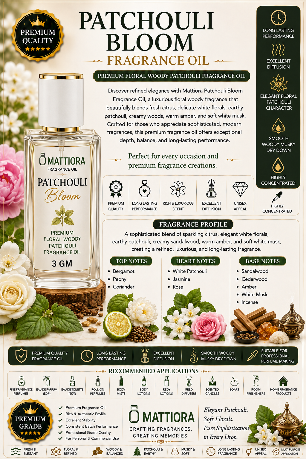 Patchouli Bloom Fragrance Oil Premium Floral Woody Inspired by White Patchouli Fragrance Oil | Mattiora