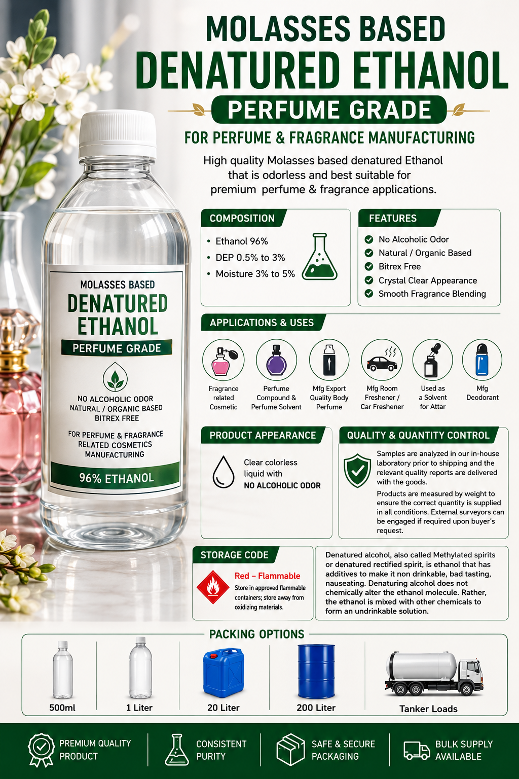 Premium Molasses Based Denatured Ethanol for Perfume Manufacturing 